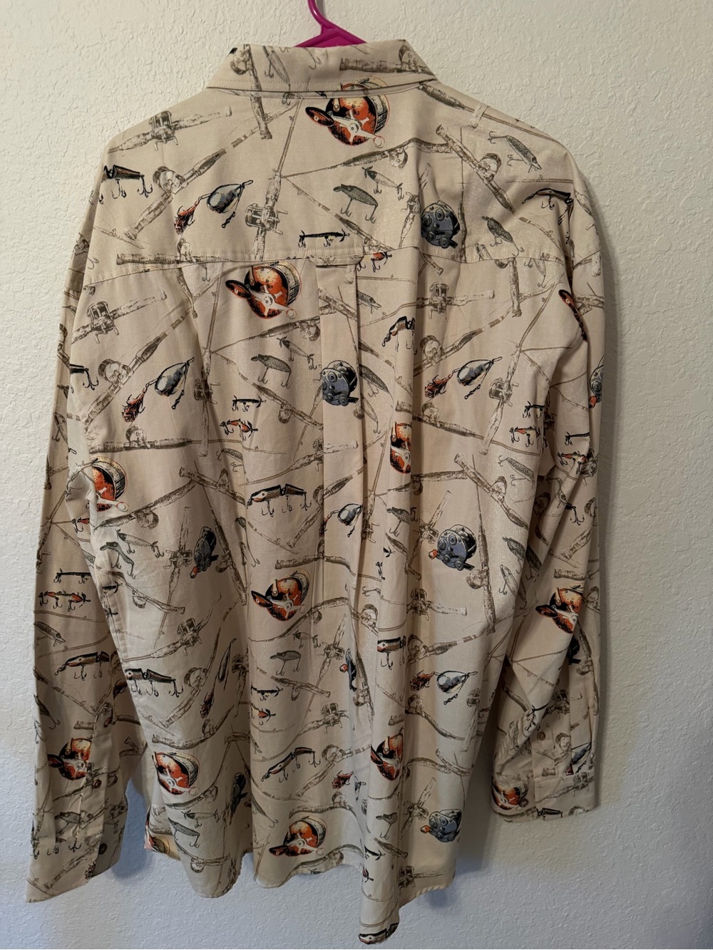 Mens Beige Fishing-Print Long-Sleeve Button-Down Shirt